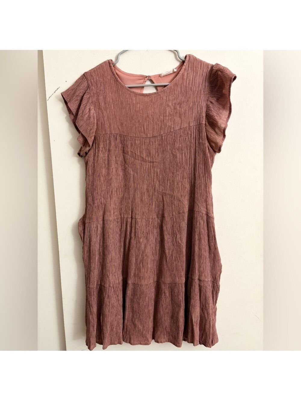 Altar'd State Tiered Babydoll Mini Dress Pink Mauve L Flutter Sleeve Textured